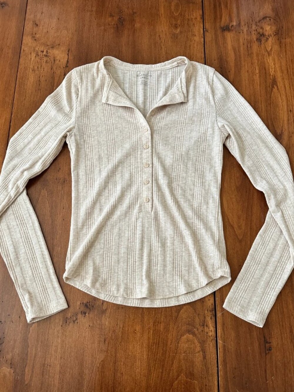 American Eagle Women’s M Beige Ribbed Henley Long Sleeve Stretch Cotton Top